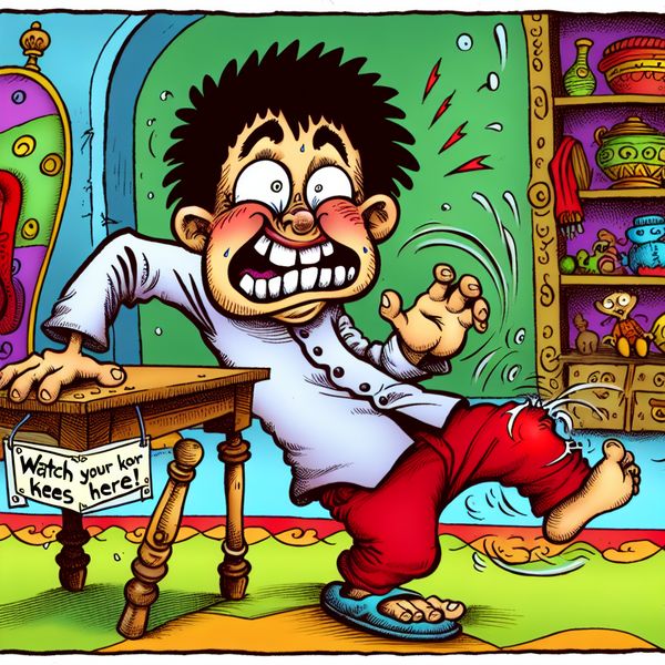 Een cartoonachtig beeld van een jongen die een pijnlijke grimace maakt nadat hij zijn knie tegen de poten van een tafel heeft gestoten.