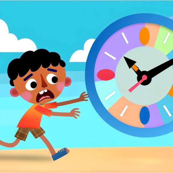 Drukke jongere voor klok met cartoongezicht Een jonge persoon die haastig naar een grote, kleurrijke klok met een cartoonachtig gezicht rent, die de tijd 10:00 AM aangeeft.