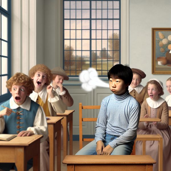 Een jongen in een rustige klasruimte voelt zich beschaamd terwijl hij een scheet laat ontsnappen, omringd door licht en zijn verraste klasgenoten.
