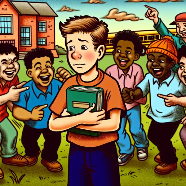 Cartoon van een jongen in de schoolyard tegen pesten Een cartoonillustratie van een jonge jongen in een schoolyard, omringd door andere kinderen die lachen en wijzen, terwijl hij een boek vasthoudt en een vastberaden uitdrukking heeft.
