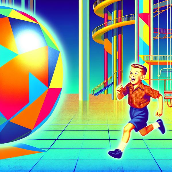 Jongen die energiek een grote, kleurrijke bal achterna zit op een speelse speeltuin met geometrische vormen
