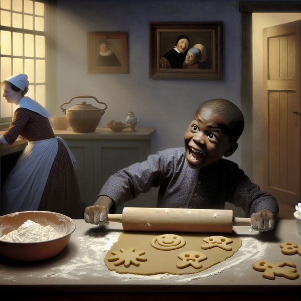 Jongen worstelt om koekjes te bakken in een gezellige keuken met bloem op het aanrecht.