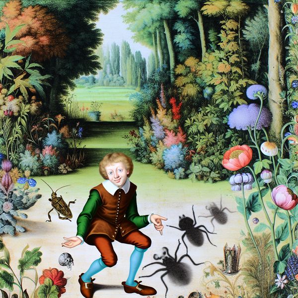 Jongen met baardje in kleurrijke tuin Een jonge jongen met een klein, schattig baardje poseert speels in een levendige tuin vol kleurrijke bloemen en weelderig groen, met een vleugje schaduw voor een mysterieuze sfeer.