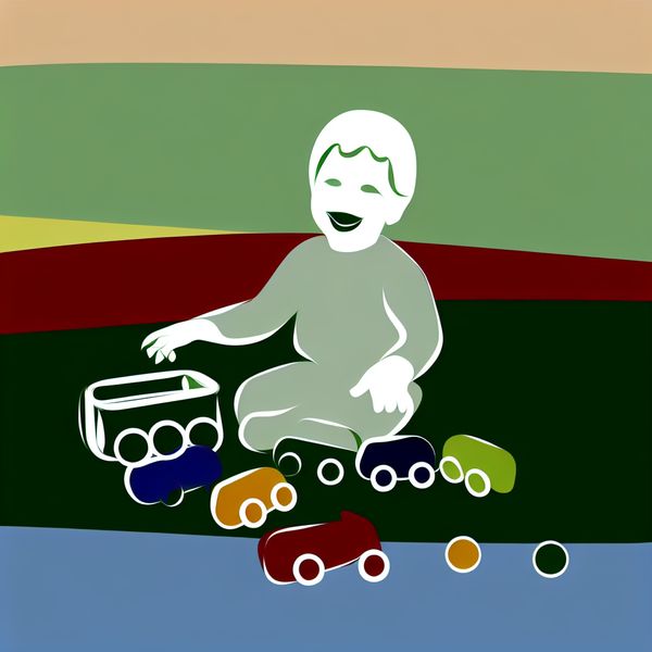 Jongen met speelgoedauto's - kleurrijke kinderlijke speelomgeving Kleine jongen speelt gelukkig met kleurrijke speelgoedauto's in een vrolijke omgeving.