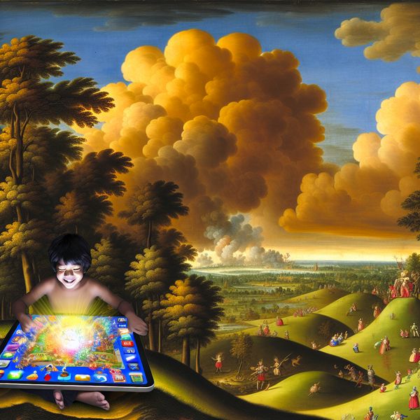 Historisch landschap met kind spelend op tablet - educatieve taalillustratie Jongen speelt een fantasiespel op een gloeiende tablet in een 17e-eeuws Nederlands landschap in de stijl van Jacob van Ruisdael