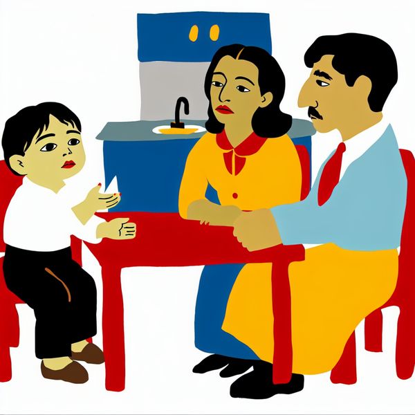 Minimalistische illustratie van een jongen die openhartig de waarheid vertelt aan zijn ouders aan de keukentafel, in de stijl van Dick Bruna