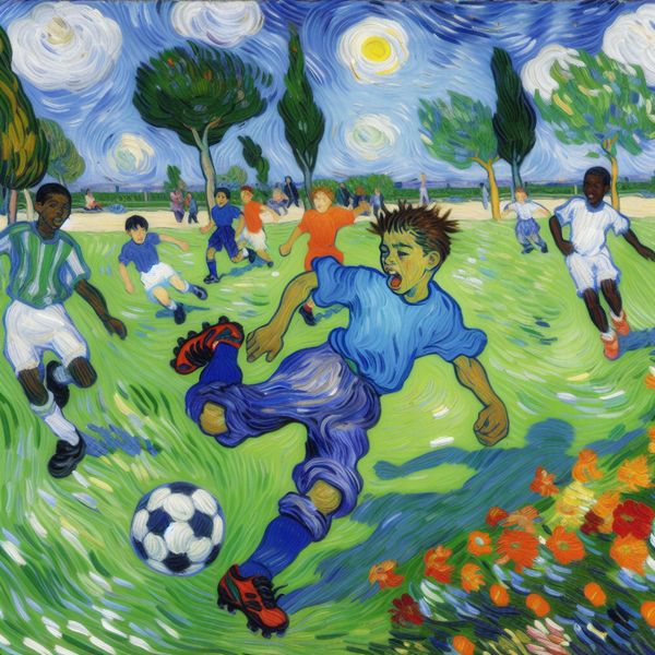 Jongen speelt voetbal in een zonnig park Een jonge jongen in een blauw voetbalshirt die enthousiast een voetbal trapt met vrienden in een zonnig park.