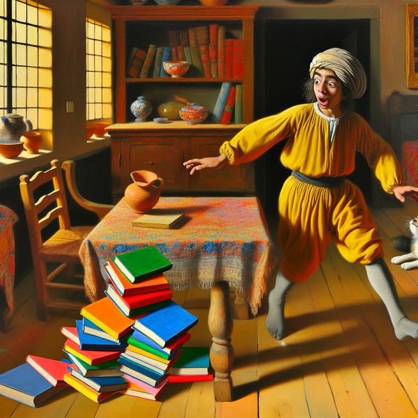 Een jongentje dat verrast kijkt terwijl een stapel kleurrijke boeken van een houten tafel valt in een zonnige woonkamer.