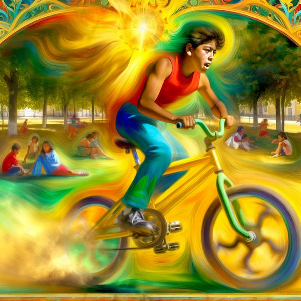 Dynamische Fietsbeweging van een Jongentje in het Park Jonge jongen fietst snel en energiek in een park, met bewegende wielen en stof dat omhoog komt.