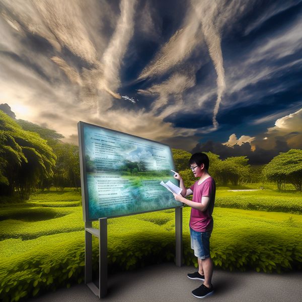 Informatie lezen in een serene groene parkomgeving Jonge persoon leest aandachtig een informatief bord in een groen park onder een dramatische lucht.