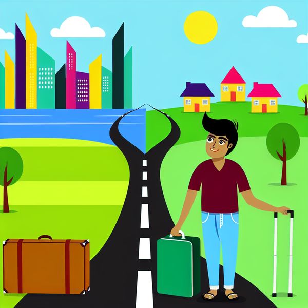 Illustratie van een jonge reiziger op een kruispunt Minimalistische illustratie van een jonge persoon met een koffer op een kruispunt van een weg, met een kleurrijke stad aan de ene kant en rustige platteland aan de andere kant.