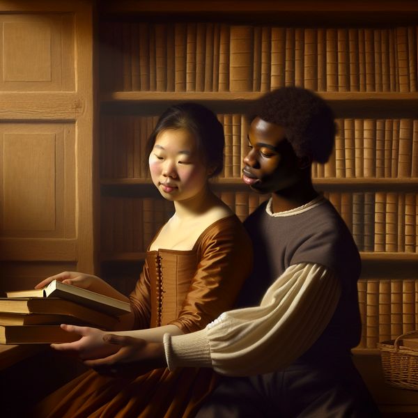 Jongeren Delen Boeken in Vermeer Stijl Twee jongeren wisselen boeken uit in een rustige studeerkamer met zacht licht