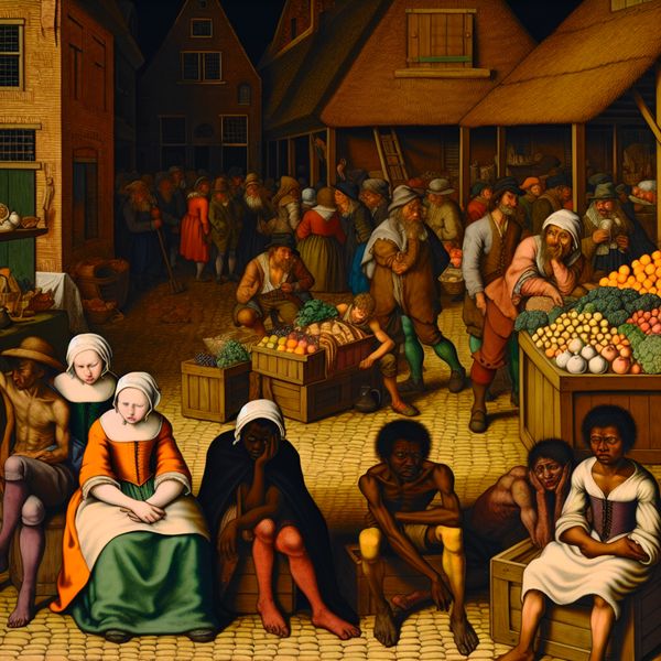 Jongeren in een dorpsplein die honger ervaren Een groep jonge mensen in een dorpsplein die er hongerig uitziet terwijl ze naar overvloedig voedsel in een markt staren.