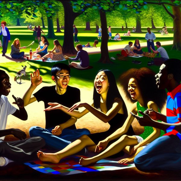 Jongeren in het park kletsen en lachen Groep jongeren in een park die samen lachen en praten op een deken onder groene bomen.