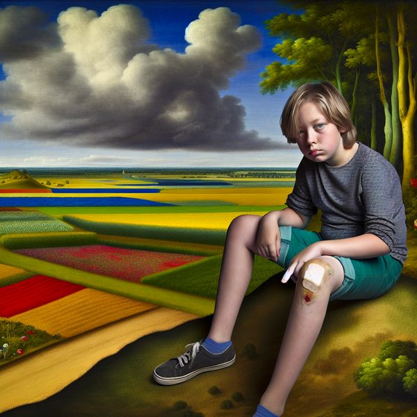 Een jongen op een heuvel met een pleister op zijn knie tegen een dramatische lucht
