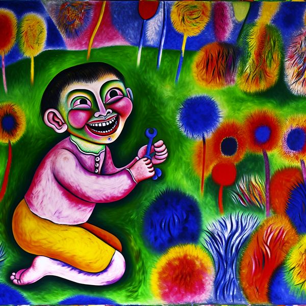 Vrolijke jongen in kleurrijke tuin Jongentje speelt vrolijk met een speelgoedje in een kleurrijke tuin vol abstracte vormen van bloemen en gras.