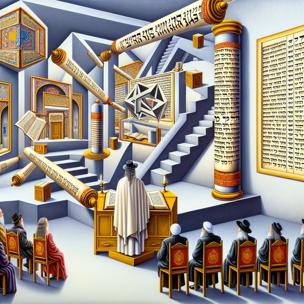 Wijze Joodse schriftgeleerde legt de Thora uit in een surrealistische synagoge geïnspireerd op M.C. Escher, omringd door zwevende Hebreeuwse boekrollen en optische illusies
