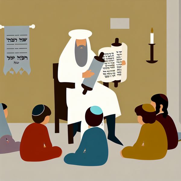 Minimalistische illustratie van een Joodse schriftgeleerde in traditionele kleding die een Torahrol uitlegt aan aandachtige studenten in een warme, eenvoudige ruimte