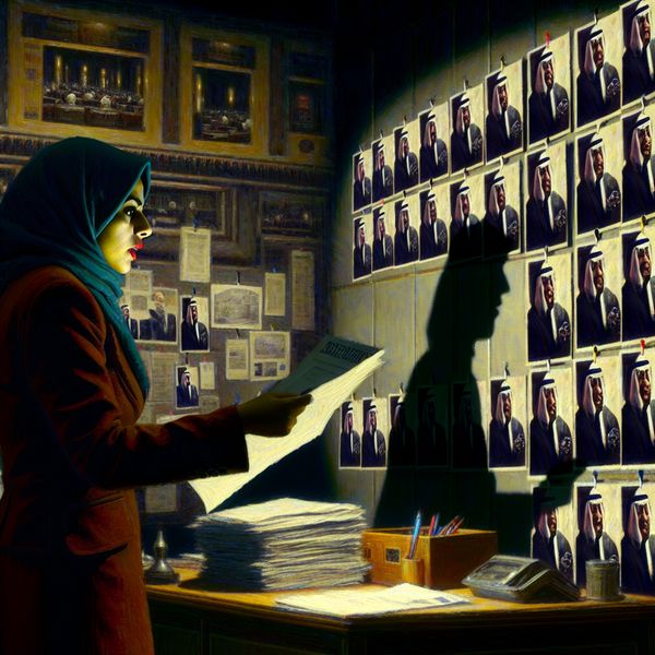 Sceptische journalist onderzoekt overheidsdocumenten Hyperrealistisch beeld van een journalist die sceptisch overheidsdocumenten onderzoekt in een slecht verlicht kantoor.