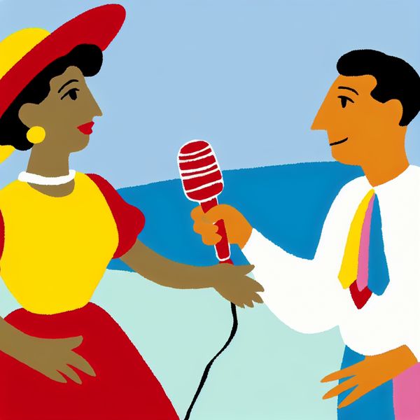 Journalist stelt vragen aan geïnterviewde - taal leren Nederlands Minimalistische illustratie van een journalist die met een microfoon en notitieblok vragen stelt aan een geïnterviewde in een kleurrijke, vlakke setting