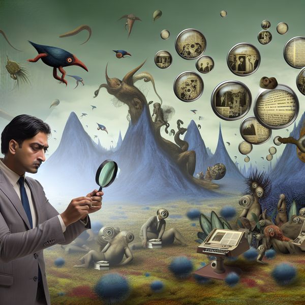 Symbolisch Onderzoek door Journalist in Surrealistische Omgeving Surrealistische afbeelding van een journalist die bizarre wezens en symbolische voorwerpen onderzoekt, in de stijl van Hieronymus Bosch.