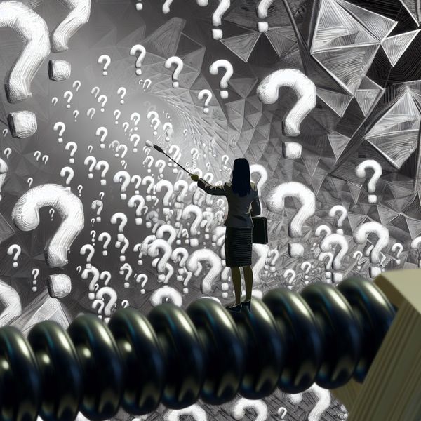 Surrealistische Escher-achtige voorstelling van een journalist die scherpe vragen afvuurt op een politicus in een optische illusie van geometrische patronen