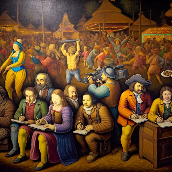 Journalisten Verslag Doen van Levendig Festival Diverse groep journalisten die verslag doen van een levendig festival, met notitieboekjes en microfoons.