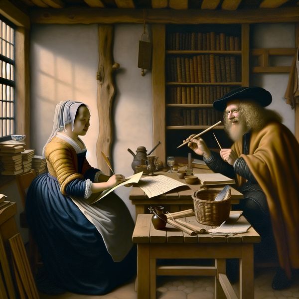 Gedetailleerde Vermeer-stijl schilderij van een journalistiek interview tussen een schrijver en een journalist in een rustige kamer met natuurlijk licht