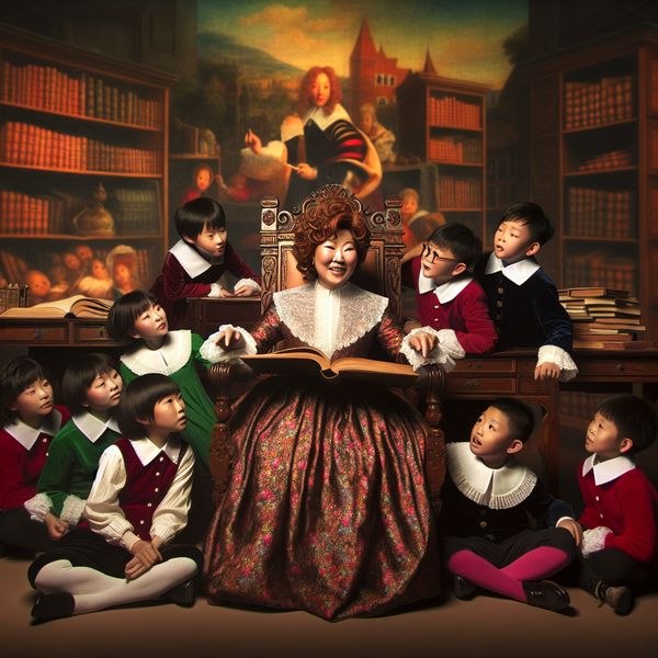 Barokke klas met een warme juffrouw die voorleest aan jonge kinderen in 17e-eeuwse kleding, omringd door boeken en educatieve materialen