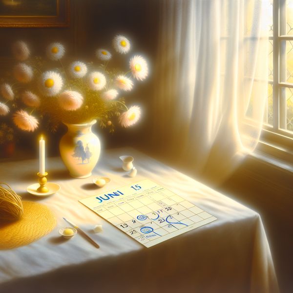 Kalender met de maand juni gemarkeerd op de 15e, omgeven door zomerse bloemen in een rustige Vermeer-stijl setting met zacht licht