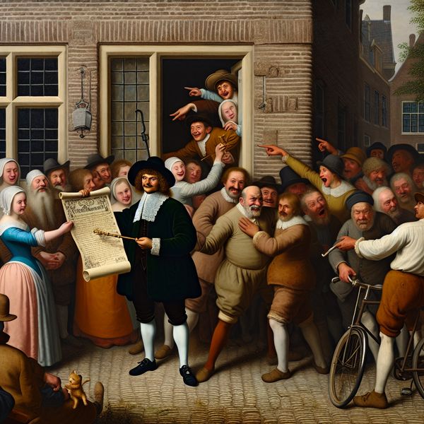 17e-eeuwse Nederlandse genrescène van Jan Steen met een man die een akte of sleutel vasthoudt en trots wijst naar een huis, omringd door nieuwsgierige buren en kinderen, symboliserend juridisch eigendom