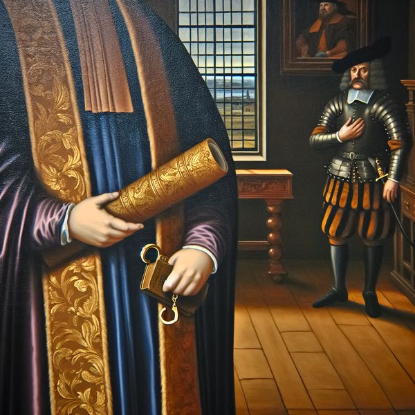 Bevoegdheid in de rechtspraak: historische rechtszaal met rechter en wetboek 17e-eeuwse Nederlandse rechtszaal met rechter die een vergulde wetrol vasthoudt, symboliserend juridische bevoegdheid en gezag