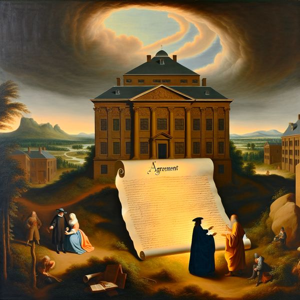 Juristische overeenkomst in een majestueus landschap Twee figuren in serieuze bespreking voor een oud gerechtshof, met een verlicht document over de overeenkomst.