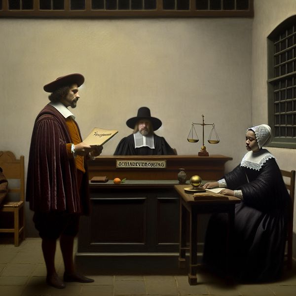 Juridische verplichting in historische rechtszaal: schadevergoeding eisen bij de rechter 17e-eeuwse Nederlandse rechtszaal met advocaat die een document met 'schadevergoeding' aanbiedt aan een rechter, geschilderd in de stijl van Vermeer
