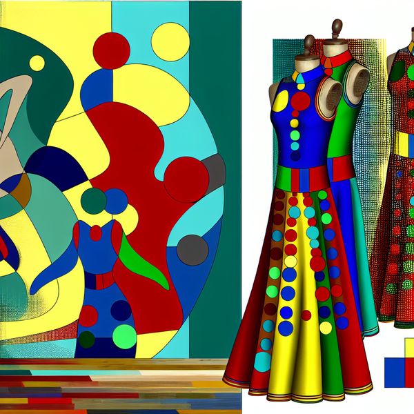 Kleurrijke jurk met stippen in modern retro-futuristisch ontwerp Artistische afbeelding van een levendige jurk met kleurrijke stippen op een abstracte achtergrond.