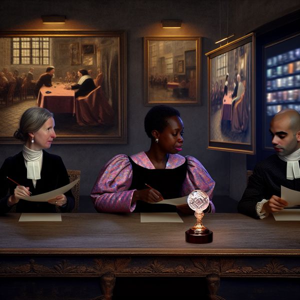 Juryleden Bespreken Filmselectie in Elegante Ruimte Drie juryleden zitten aan een elegant houten tafel met film scripts, voor hen een groot scherm met filmclips en een glanzende award trofee voor de selectie van de beste film.