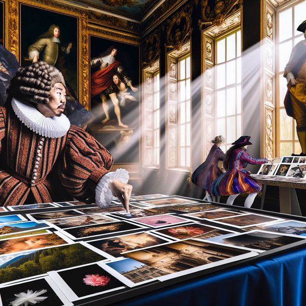 Een jurylid categoriseert foto's aan een rijkelijk versierd barokke tafel, met een aantal foto's verspreid over de tafel.