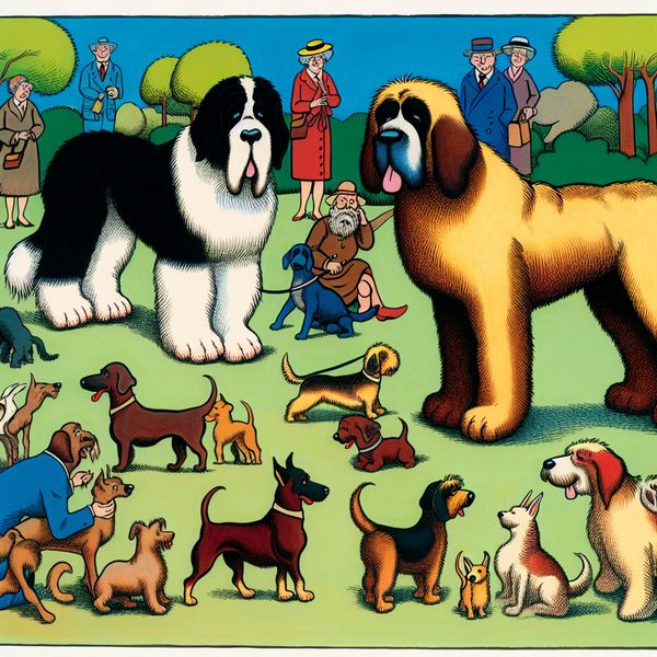 Verschillende Hondenrassen in een Park Een kleurrijke cartoonachtige scène met verschillende hondenrassen die samen in een park zitten.