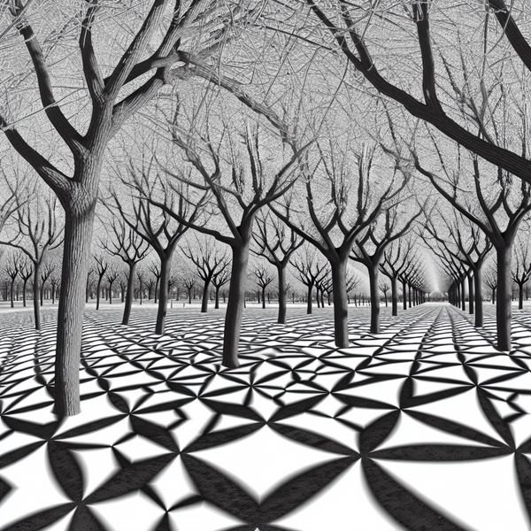 Surrealistische winterse parkscène met kale bomen in geometrische patronen geïnspireerd door M.C. Escher, zonder bladeren of bedekking