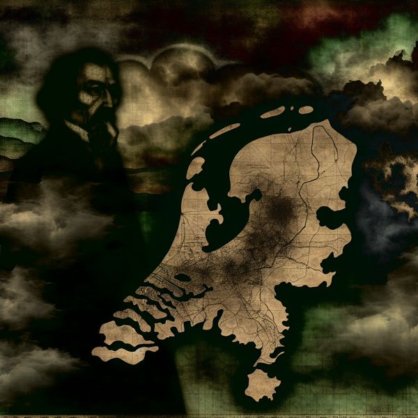 Een gedetailleerde kaart van Nederland met schaduwen die de randen omhullen, terwijl een figuur in de voorgrond nadenkt over territoriale veranderingen.