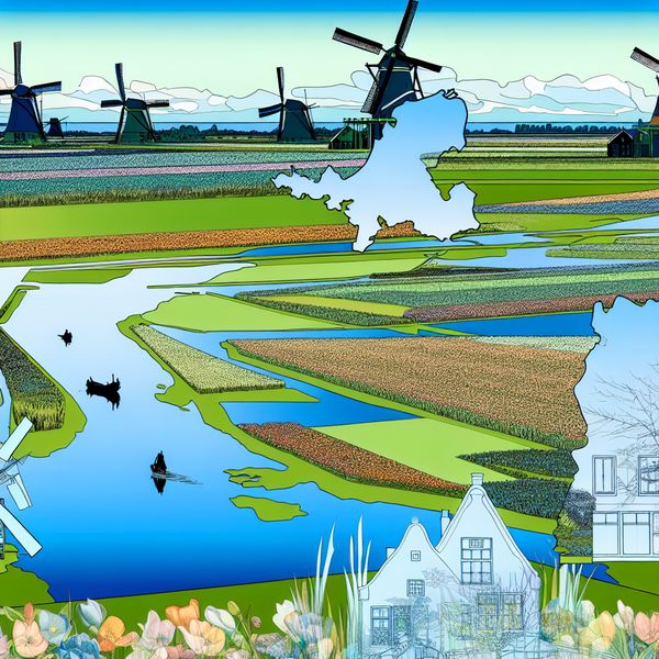 Illustratie van een kaart van het zuiden van Nederland met windmolens en kanalen