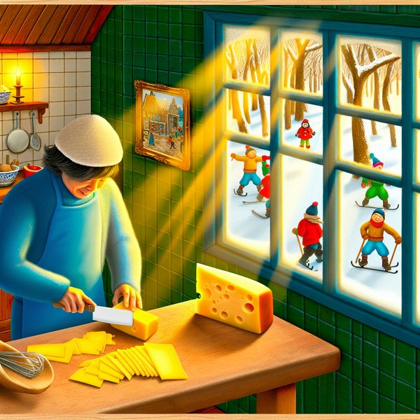 Kaas Snijden in een Gezellige Winterse Keuken Een persoon snijdt kaas in lange, smalle plakjes in een gezellige keuken, met een winterse achtergrond.