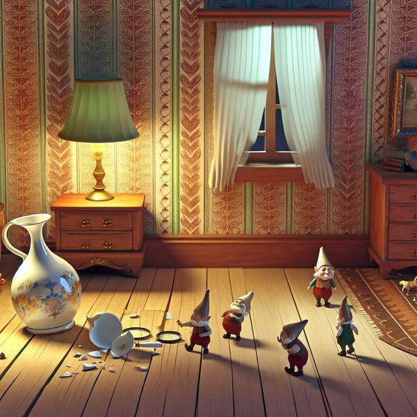 Kaboutertjes onderzoeken een gebroken porseleinen vaas in een nostalgische kamer met een open raam, vragend naar de oorzaak