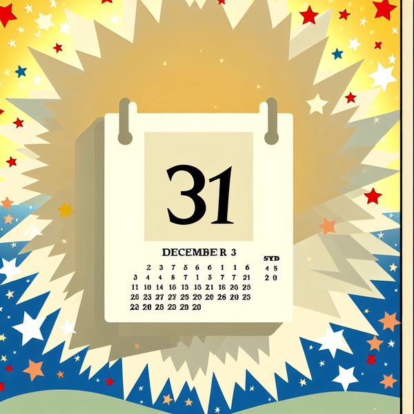 Kalenderillustratie voor Oudjaarsavond Minimalistische illustratie van een kalenderpagina met 31 december in een speelse, kinderlijke lettertype, omringd door feestelijke decoraties zoals sterren en confetti.