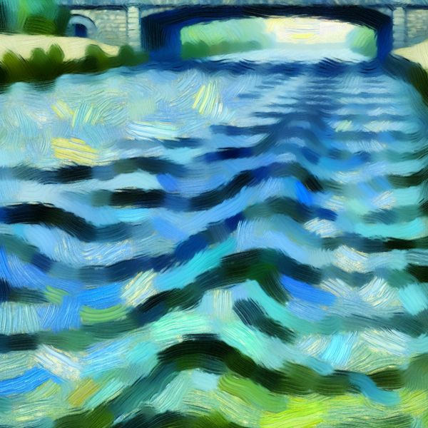 Kalm stromend water in abstract expressionistische stijl - sluimering en rust Abstract expressionistisch schilderij van een kalm stromende rivier onder een brug, met zachte golven en dromerige sfeer
