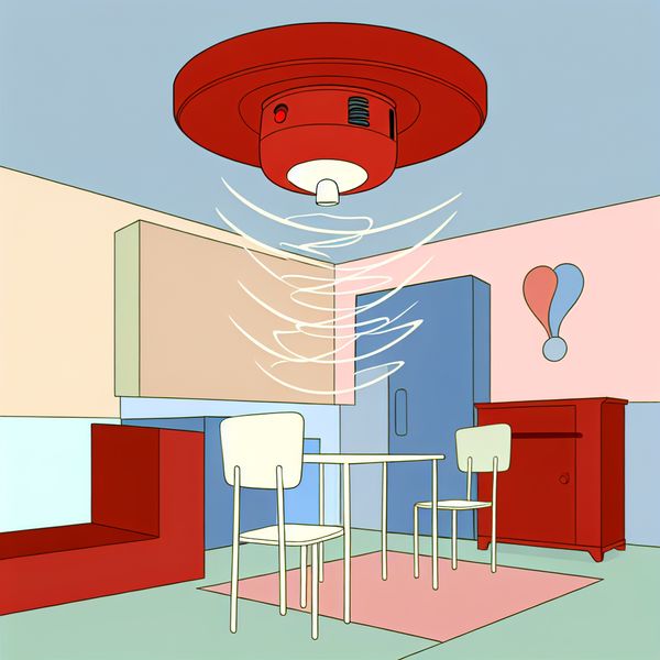 Illustratie van een alarmbel in een kleurrijke kamer Illustratie van een kleine kamer met een rookmelder aan het plafond en een knipperende rode alarmbel die net is afgegaan, met geluidsgolven eromheen.