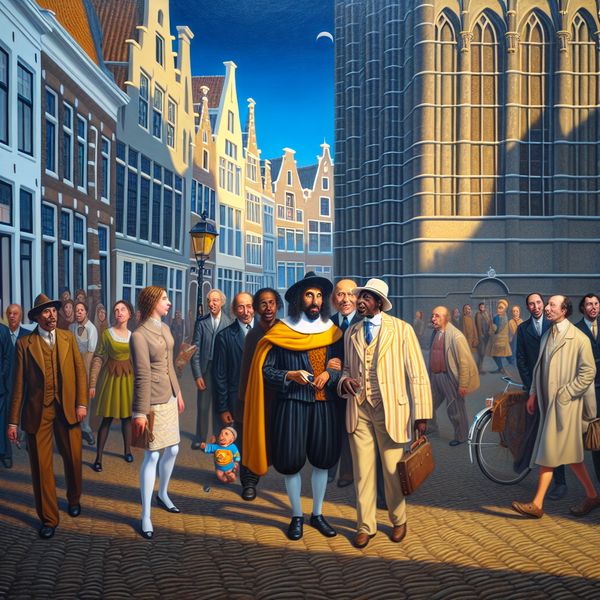 Hyperrealistisch surrealistisch schilderij van een levendige straatscene in het historische centrum van Kampen, met expressieve inwoners en iconische Nederlandse architectuur zoals de Bovenkerk en stadspoorten, in de stijl van Carel Willink