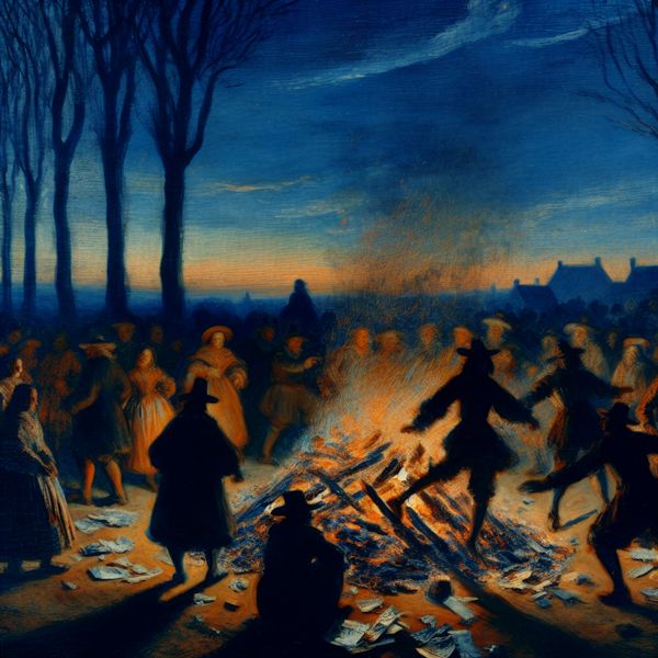 Kampvuur scène met as en sociale interactie Afbeelding van een levendige kampvuur scène met asresten en mensen die genieten van de warmte.