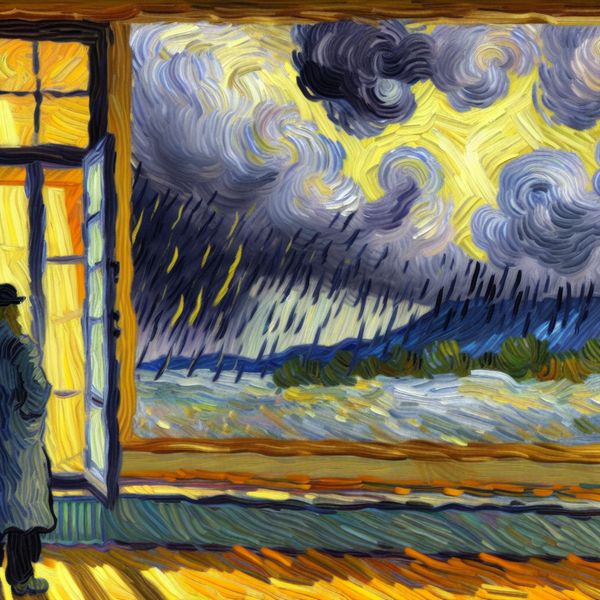 Persoon kijkt peinzend uit het raam naar dreigende regenwolken in Van Gogh-stijl, symboliserend hoge kans op regen