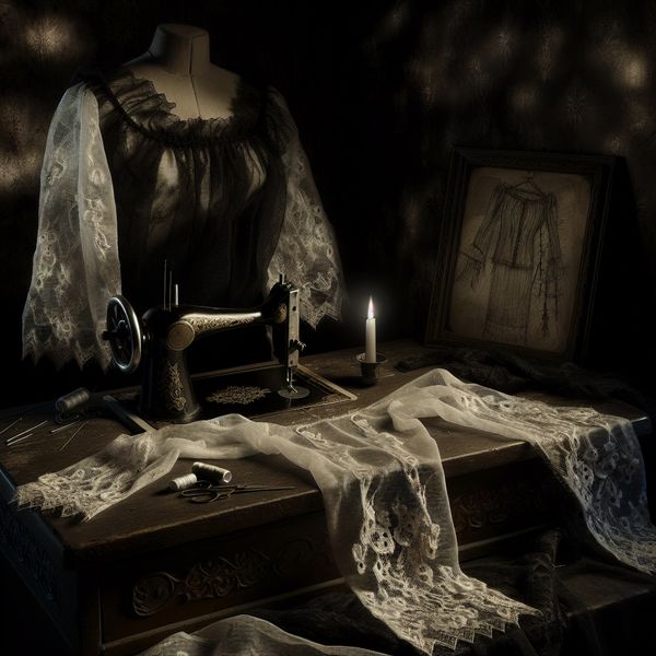 Gothische naaiatelier met een delicate blouse versierd met fijn kant op een antieke houten tafel, omringd door naalden, garen en een vintage naaimachine in gedimd licht